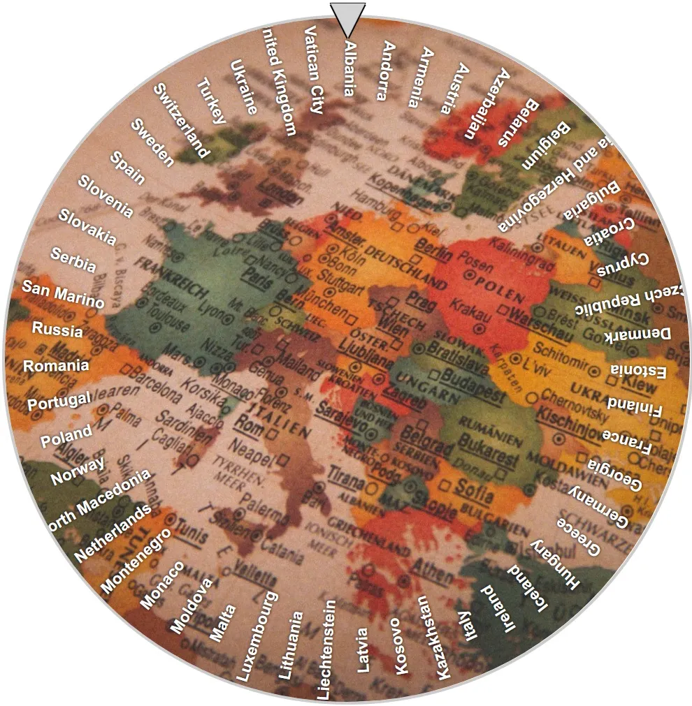 Wheel of European countries: Classic and simple wheel with fully and partial European countries as entries